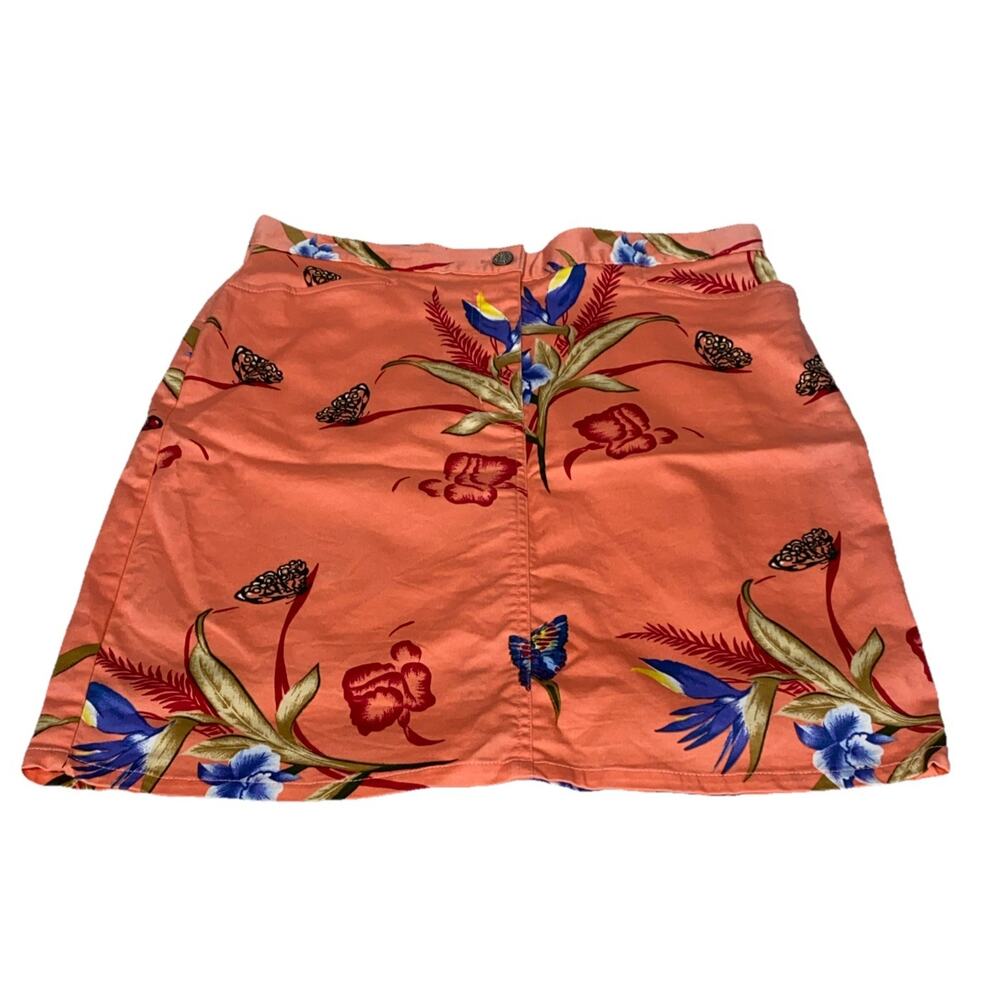 BILL BLASS Jeans Skirt Women Size 12 Cotton Stretch Tropical Floral Butterflies